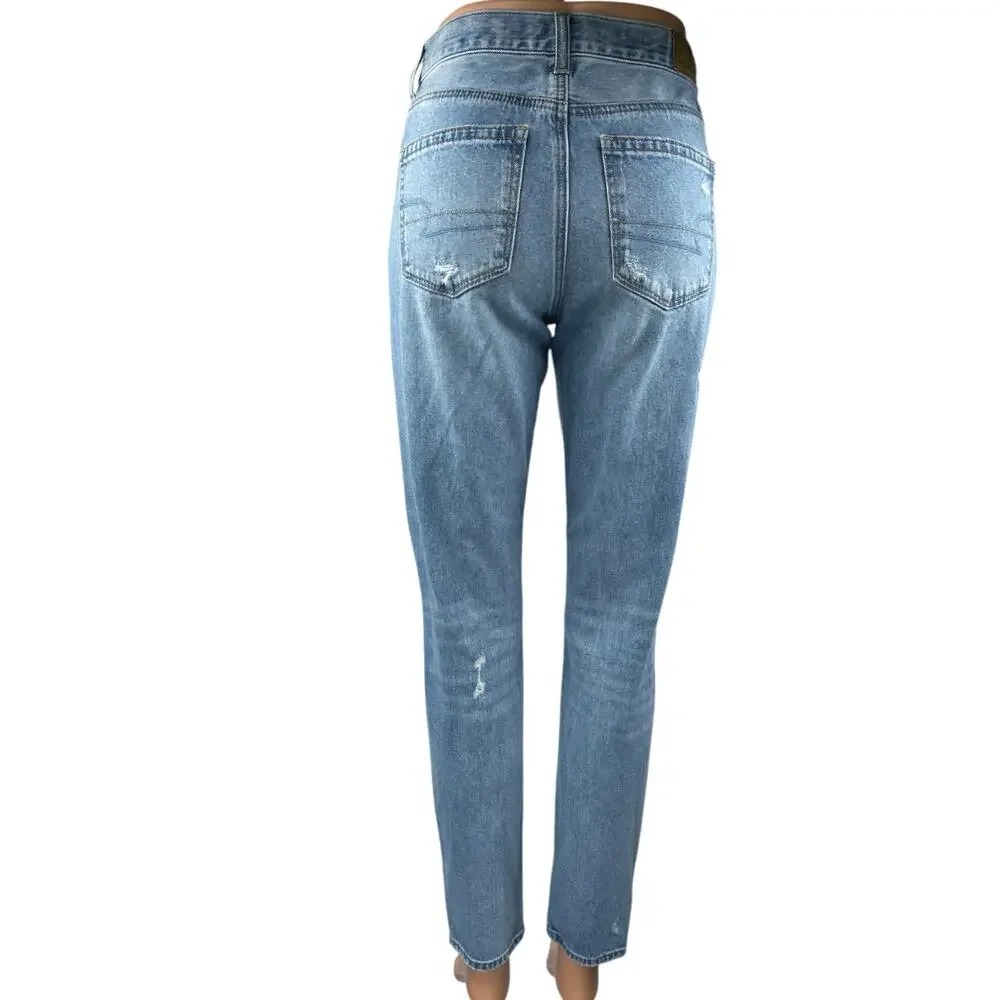 American Eagle Blue Distressed High Waisted Straight Denim Jeans Size 2 Long